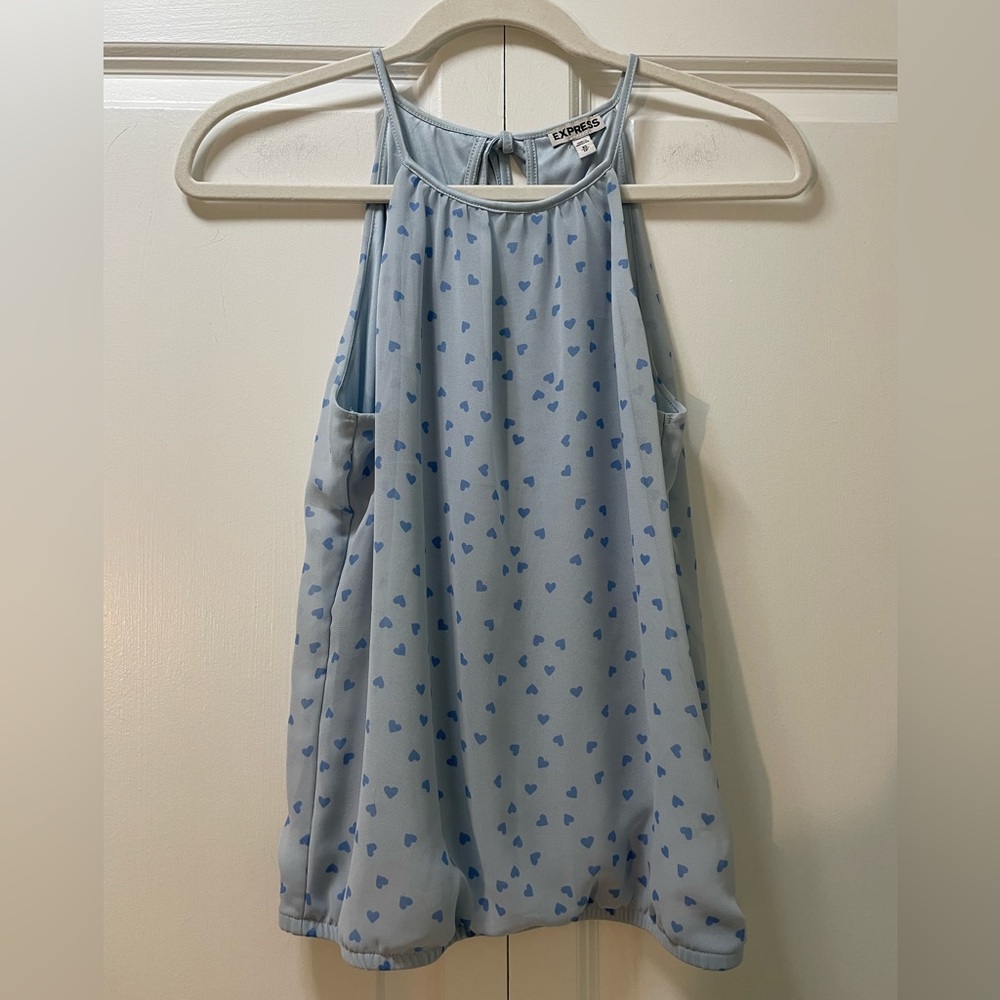 Express Women’s XS Blue with Hearts Shear Lined Tank Top Keyhole Back with Tie